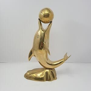 Brass Dolphin Balancing Ball On Nose MCM Decor Figure Statue 12.5" Tall Korea